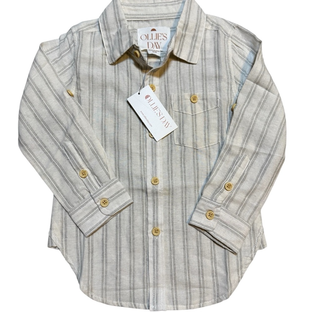 👕✨ Ollie’s Day Gray Stripe Linen Button-Down Shirt 18-24M 2/3 | Toddler Boy Top👕